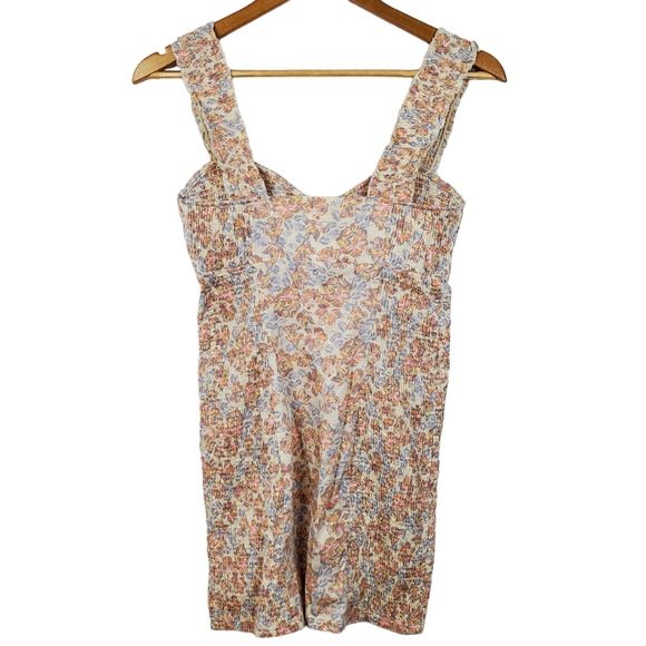 Free People Intimately Beige Purple Pink Floral Smocked Straps Mini Dress Sz XS - Picture 2 of 6